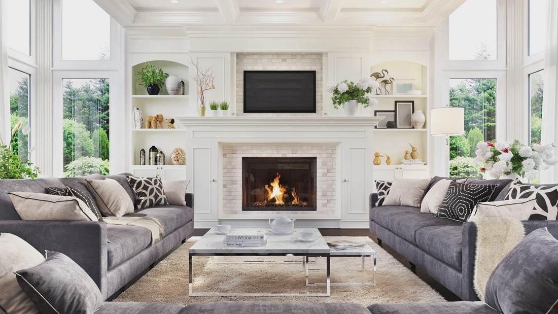 cozy living room with roaring fireplace